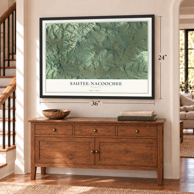 Sautee-Nacoochee, Georgia map, 24 x 36 inch print in a black frame above a dresser by a staircase