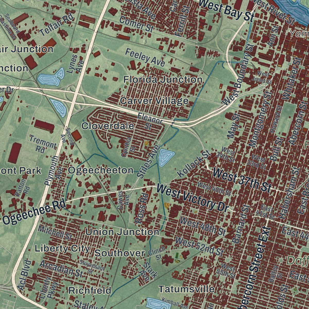 Close-up of the map of Savannah, Georgia print showing street and building detail