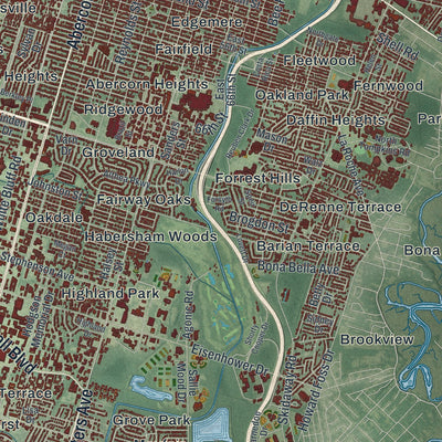 Second close-up of the map of Savannah, Georgia print showing more streets and buildings