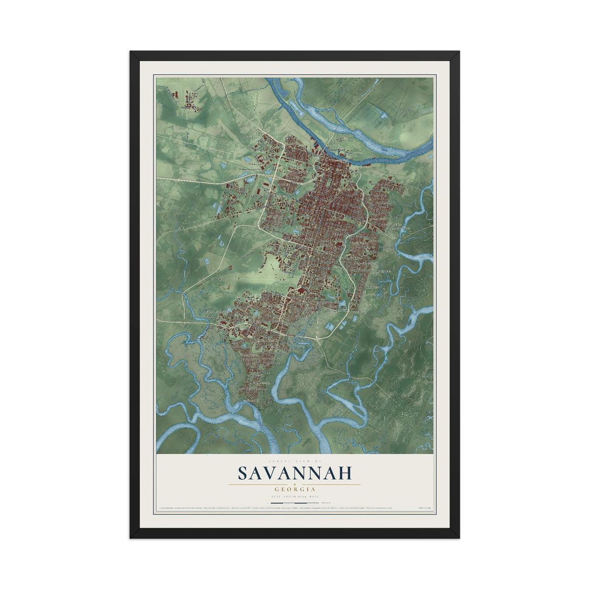 Map of Savannah, Georgia, 12 x 18 inch print in a black wood frame