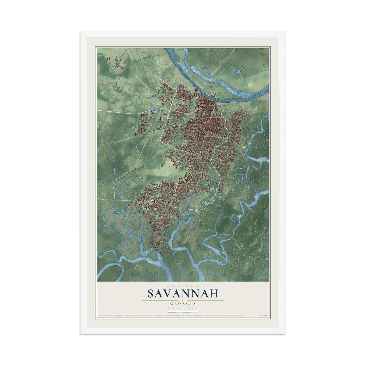 Map of Savannah, Georgia, 12 x 18 inch print in a white wood frame