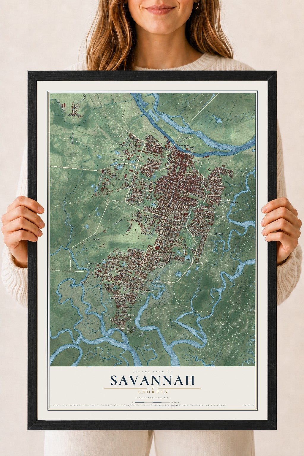 Map of Savannah, Georgia, 18 x 24 inch print in a black wood frame