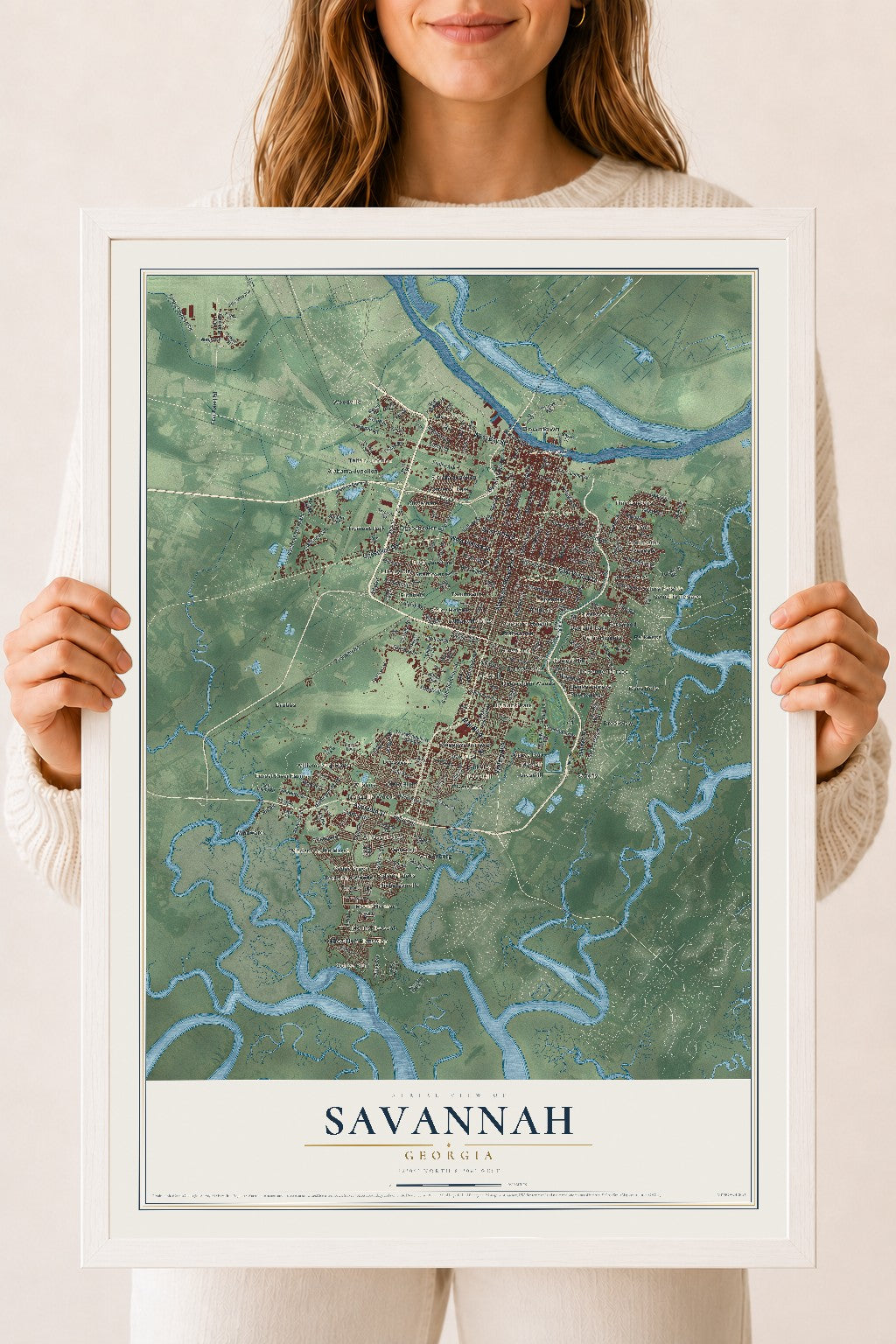 Map of Savannah, Georgia, 18 x 24 inch print in a white wood frame