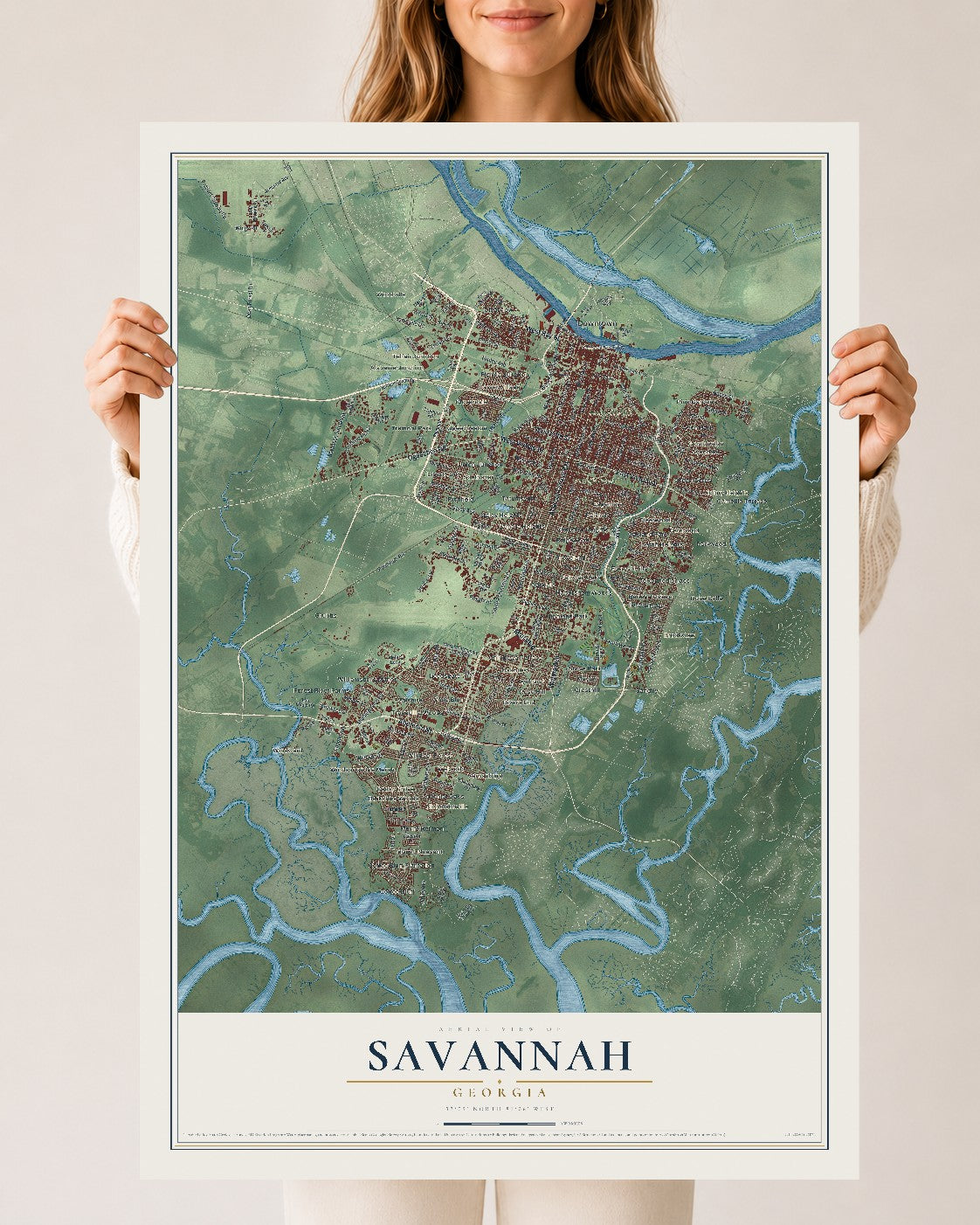 Map of Savannah, Georgia, 24 x 36 inch unframed archival matte print