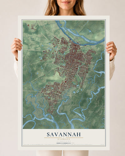 Map of Savannah, Georgia, 24 x 36 inch unframed archival matte print