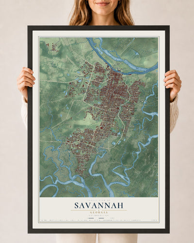 Map of Savannah, Georgia, 24 x 36 inch print in a black wood frame