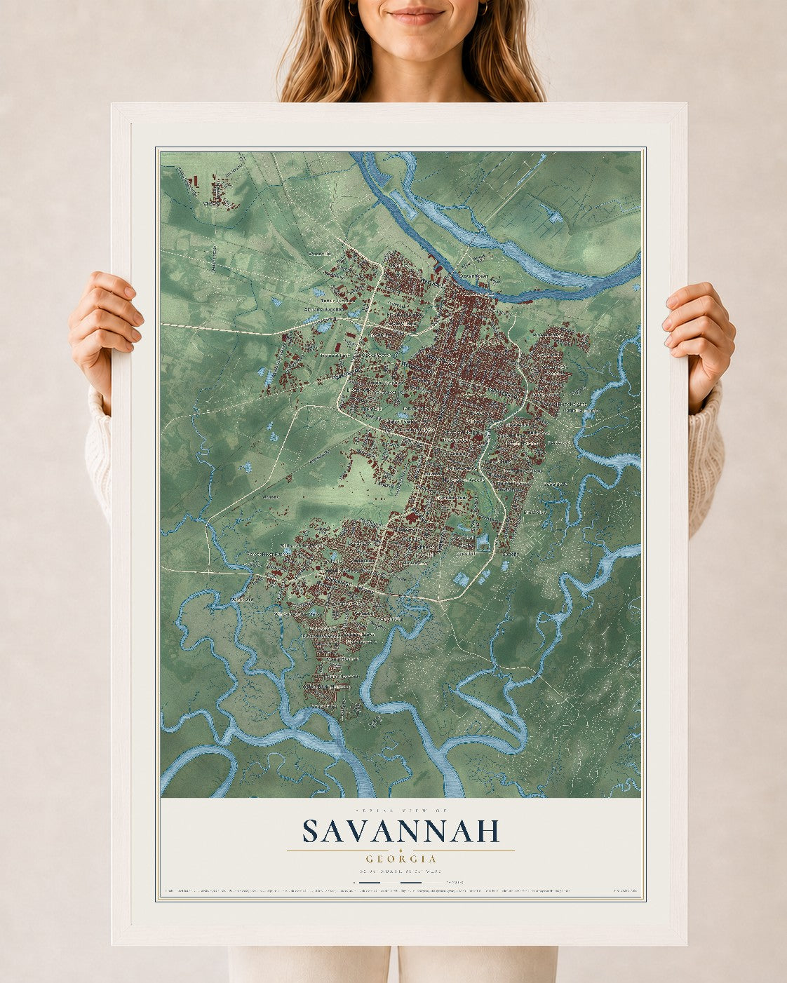 Map of Savannah, Georgia, 24 x 36 inch print in a white wood frame