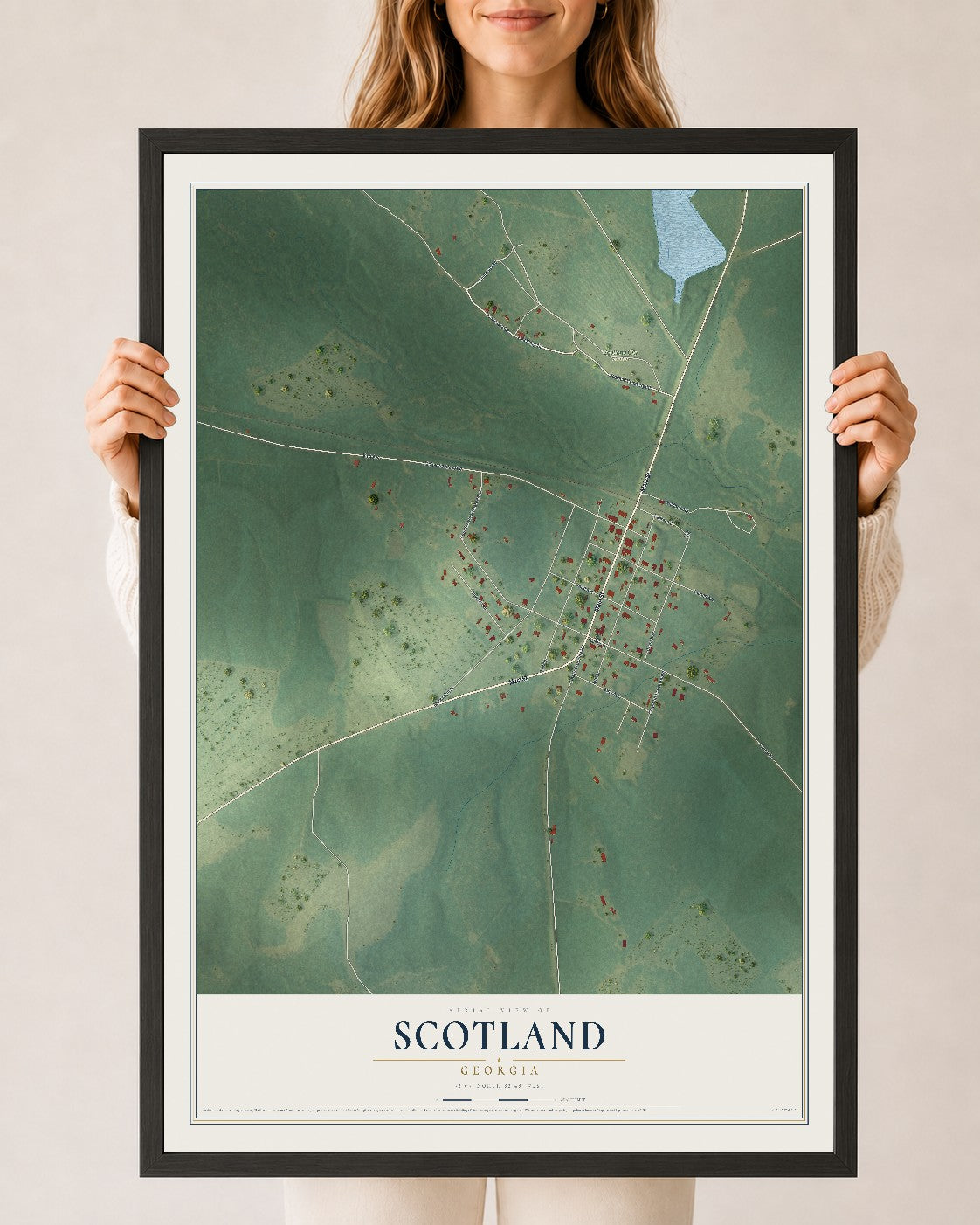 Scotland, Georgia map print, 24" x 36" W/ Black Ayous Wood Frame mockup