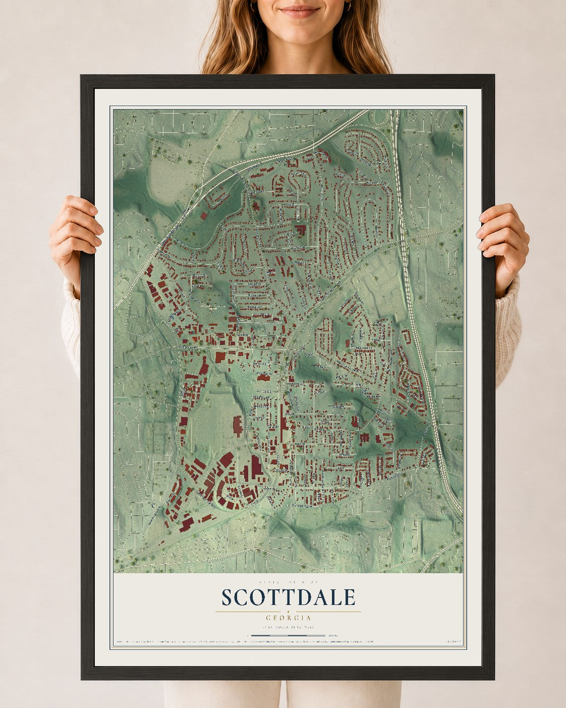 Scottdale, Georgia map print, 24" x 36" W/ Black Ayous Wood Frame mockup