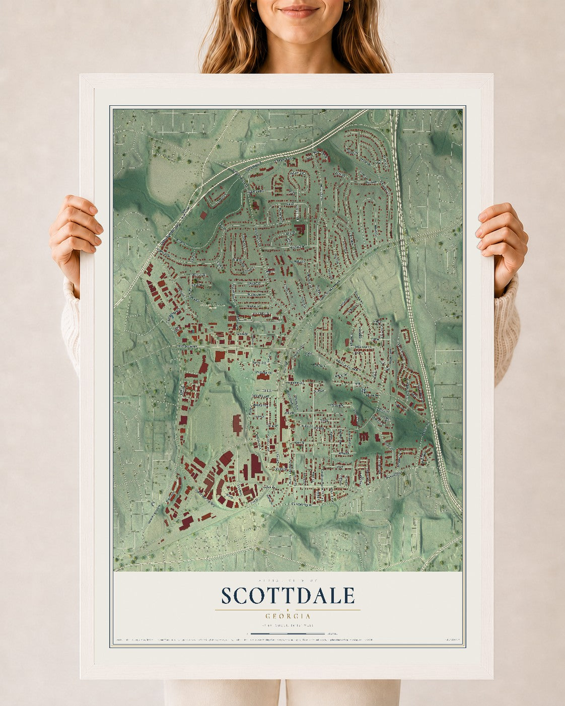 Scottdale, Georgia map print, 24" x 36" W/ White Ayous Wood Frame mockup