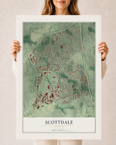 Scottdale, Georgia map print, 24" x 36" W/ White Ayous Wood Frame mockup