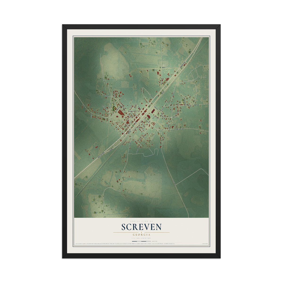 Screven, Georgia map print, 12" x 18" W/ Black Ayous Wood Frame mockup