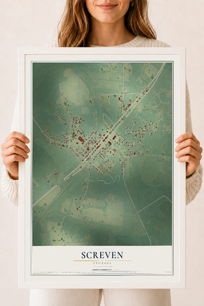 Screven, Georgia map print, 18" x 24" W/ White Ayous Wood Frame mockup