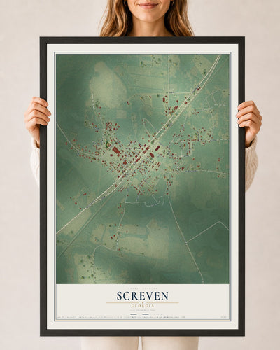 Screven, Georgia map print, 24" x 36" W/ Black Ayous Wood Frame mockup