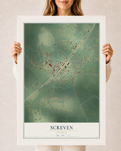 Screven, Georgia map print, 24" x 36" W/ White Ayous Wood Frame mockup