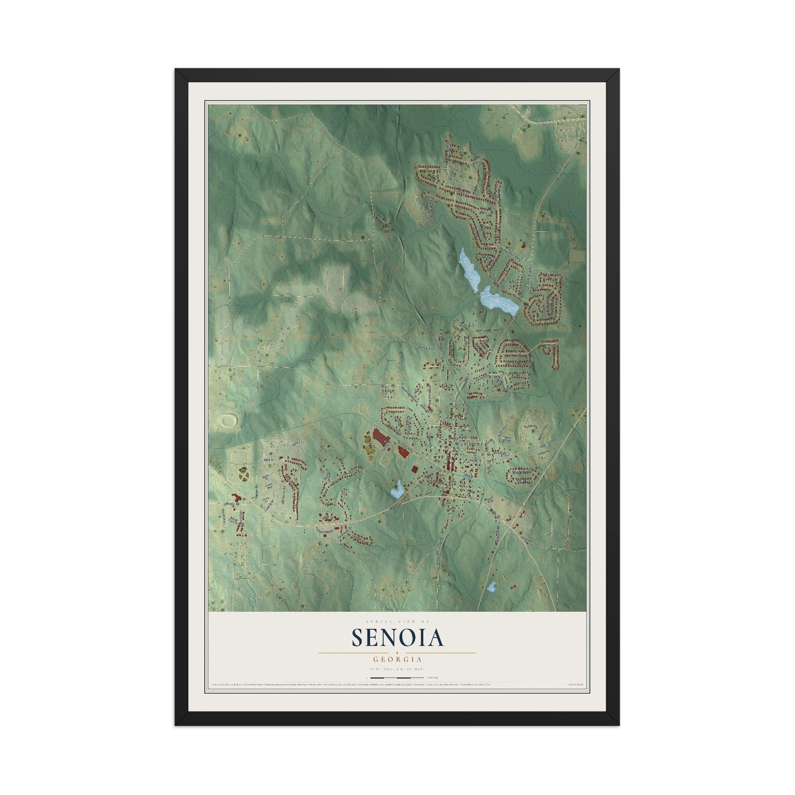 Senoia, Georgia map print, 12" x 18" W/ Black Ayous Wood Frame mockup