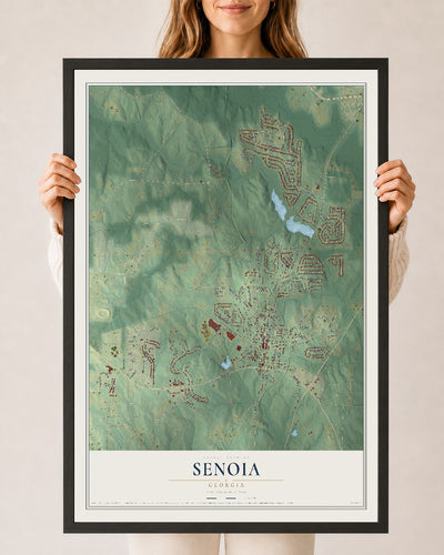 Senoia, Georgia map print, 24" x 36" W/ Black Ayous Wood Frame mockup