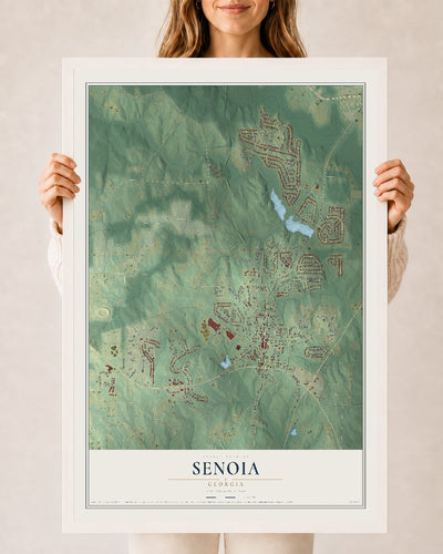 Senoia, Georgia map print, 24" x 36" W/ White Ayous Wood Frame mockup