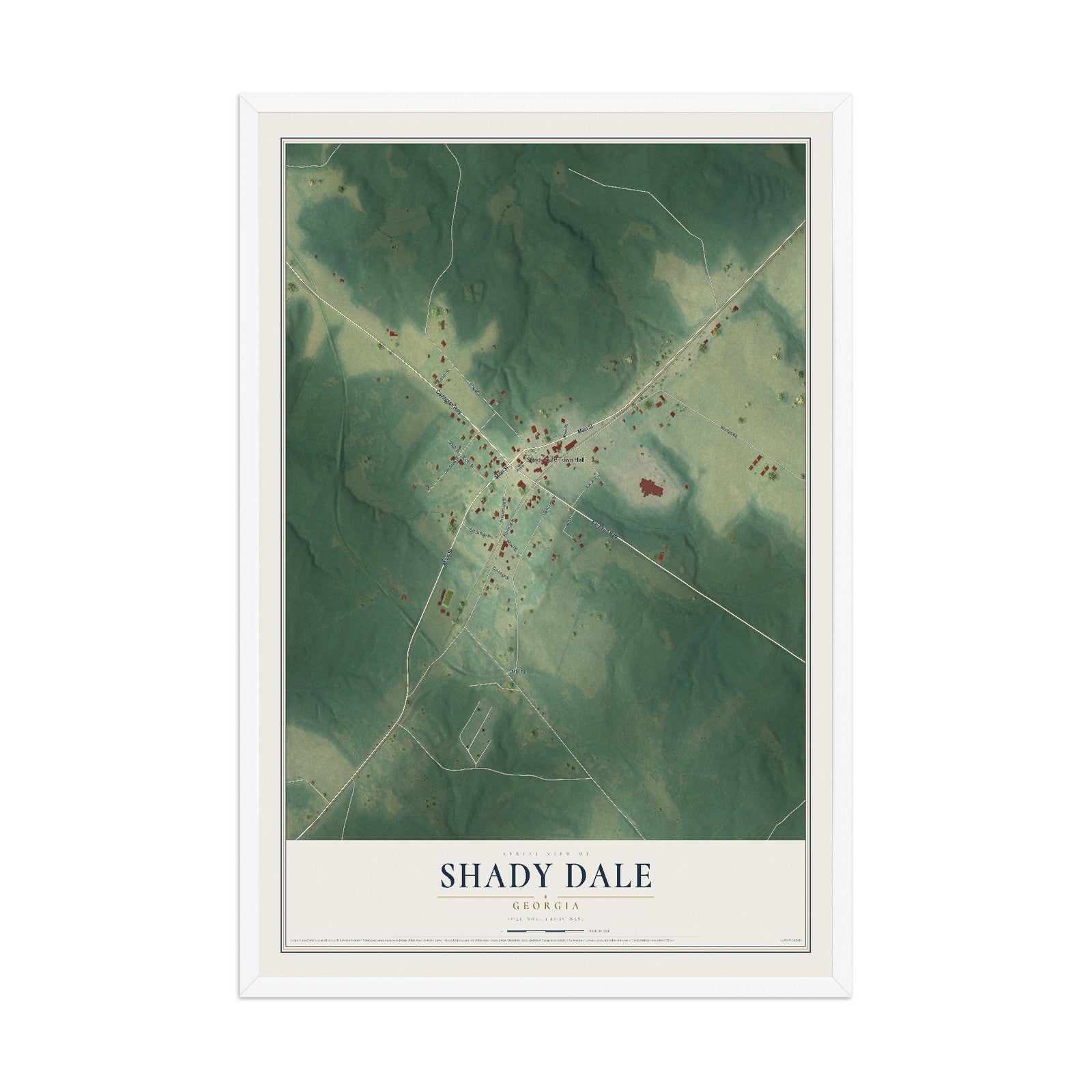 Shady Dale, Georgia map print, 12" x 18" W/ White Ayous Wood Frame mockup