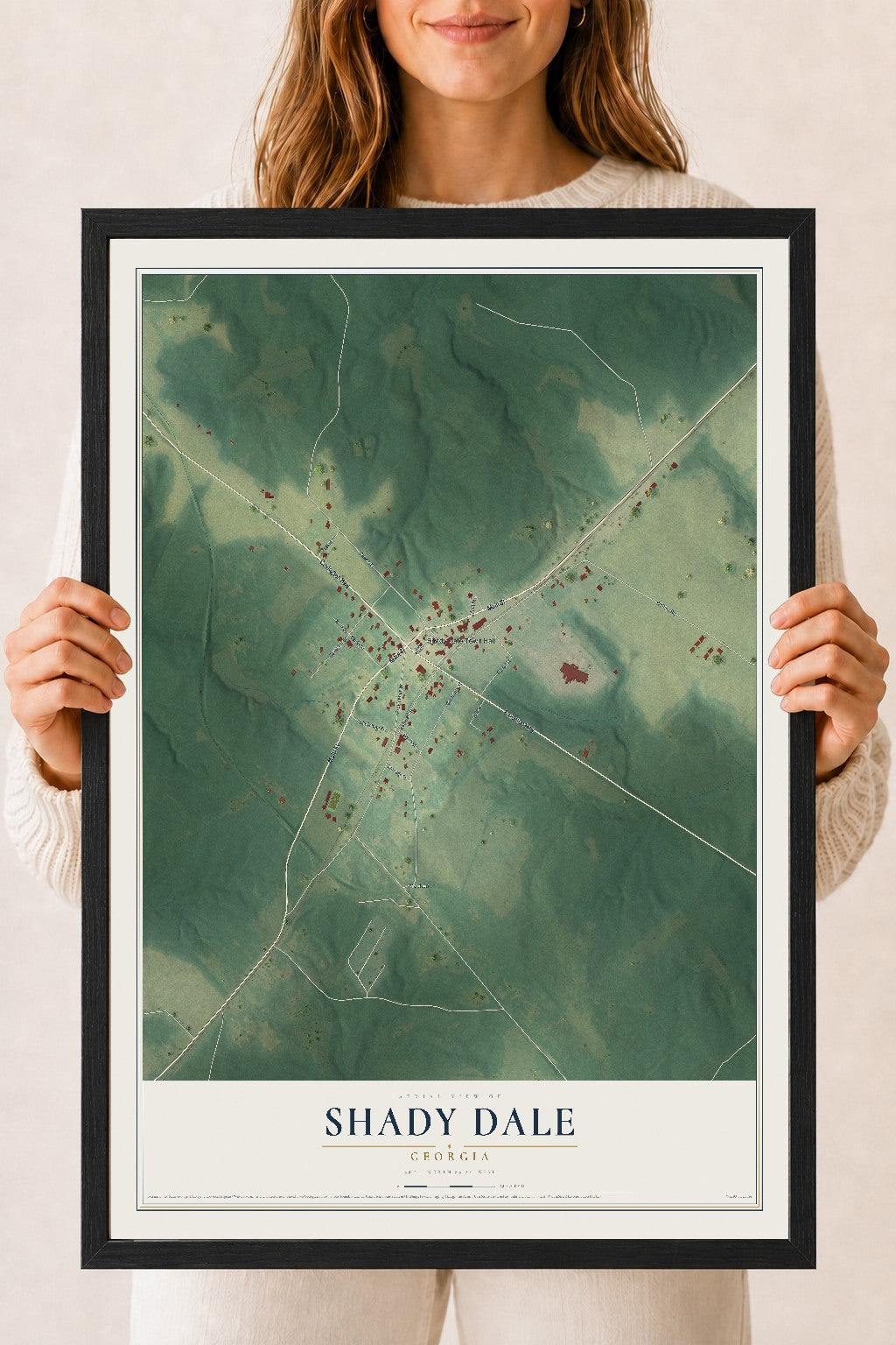 Shady Dale, Georgia map print, 18" x 24" W/ Black Ayous Wood Frame mockup
