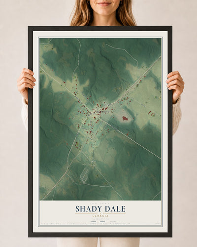 Shady Dale, Georgia map print, 24" x 36" W/ Black Ayous Wood Frame mockup