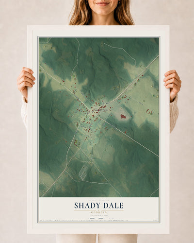 Shady Dale, Georgia map print, 24" x 36" W/ White Ayous Wood Frame mockup