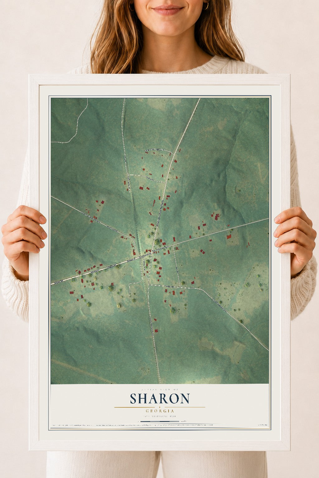 Sharon, Georgia map print, 18" x 24" W/ White Ayous Wood Frame mockup