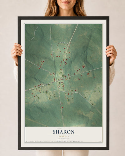 Sharon, Georgia map print, 24" x 36" W/ Black Ayous Wood Frame mockup