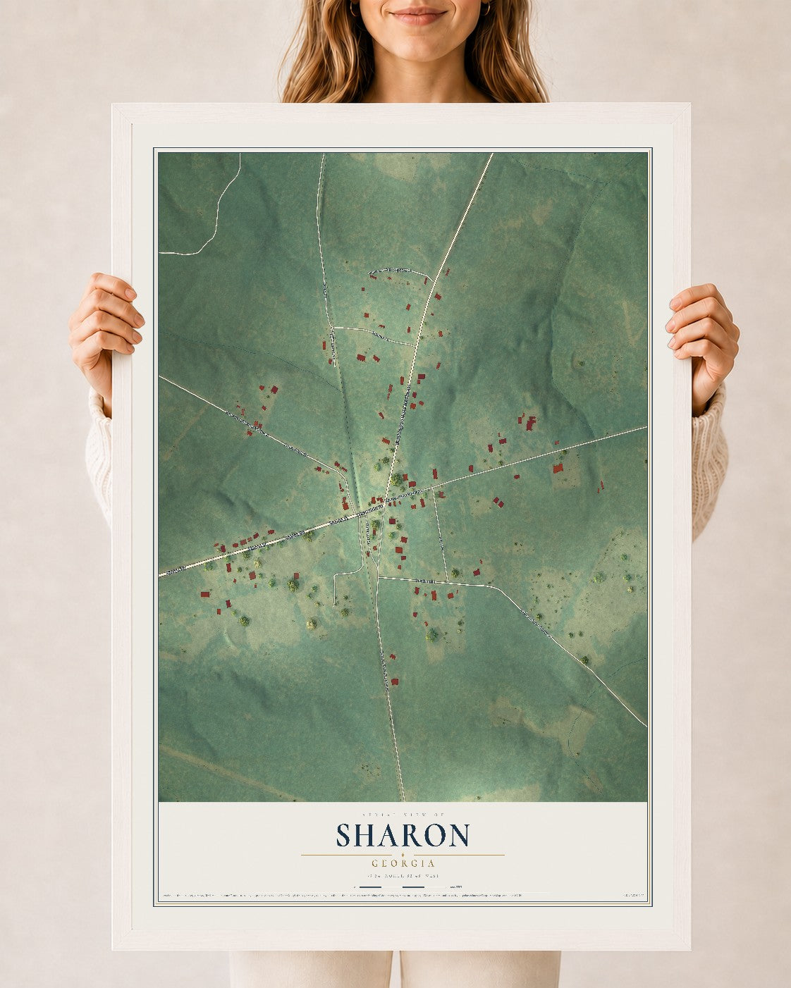 Sharon, Georgia map print, 24" x 36" W/ White Ayous Wood Frame mockup
