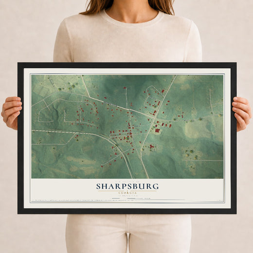 Map of Sharpsburg, Georgia, 12 x 18 inch print in a black wood frame