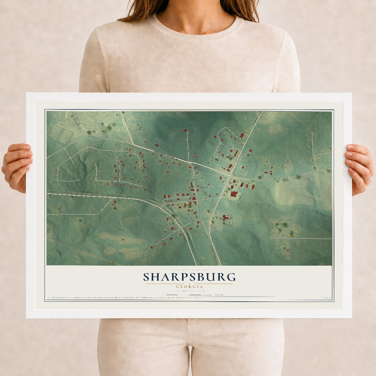 Sharpsburg, Georgia map print, 12" x 18" W/ White Ayous Wood Frame mockup