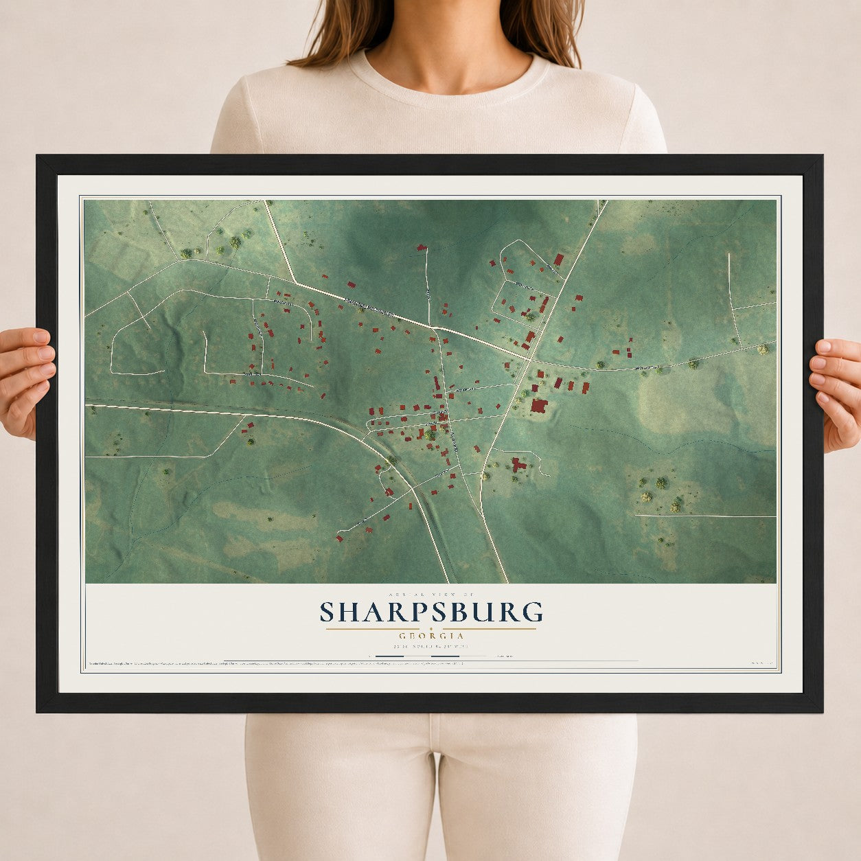 Sharpsburg, Georgia map print, 18" x 24" W/ Black Ayous Wood Frame mockup