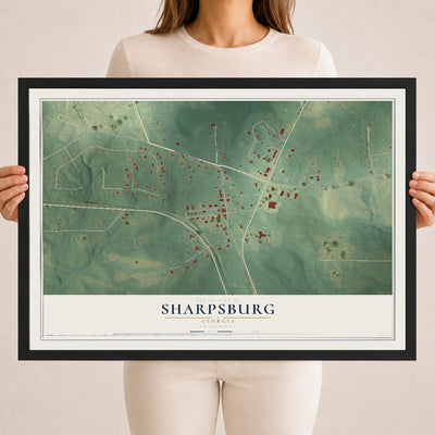 Sharpsburg, Georgia map print, 18" x 24" W/ Black Ayous Wood Frame mockup