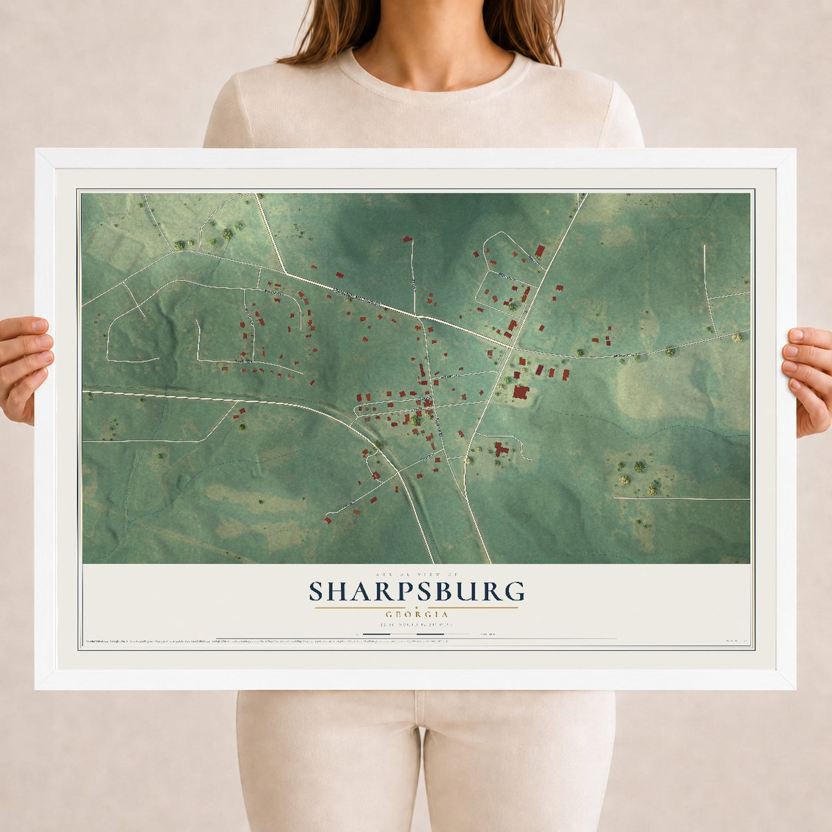 Sharpsburg, Georgia map print, 18" x 24" W/ White Ayous Wood Frame mockup