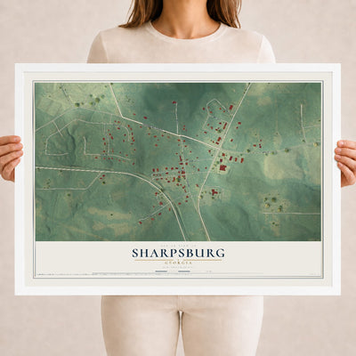 Sharpsburg, Georgia map print, 18" x 24" W/ White Ayous Wood Frame mockup