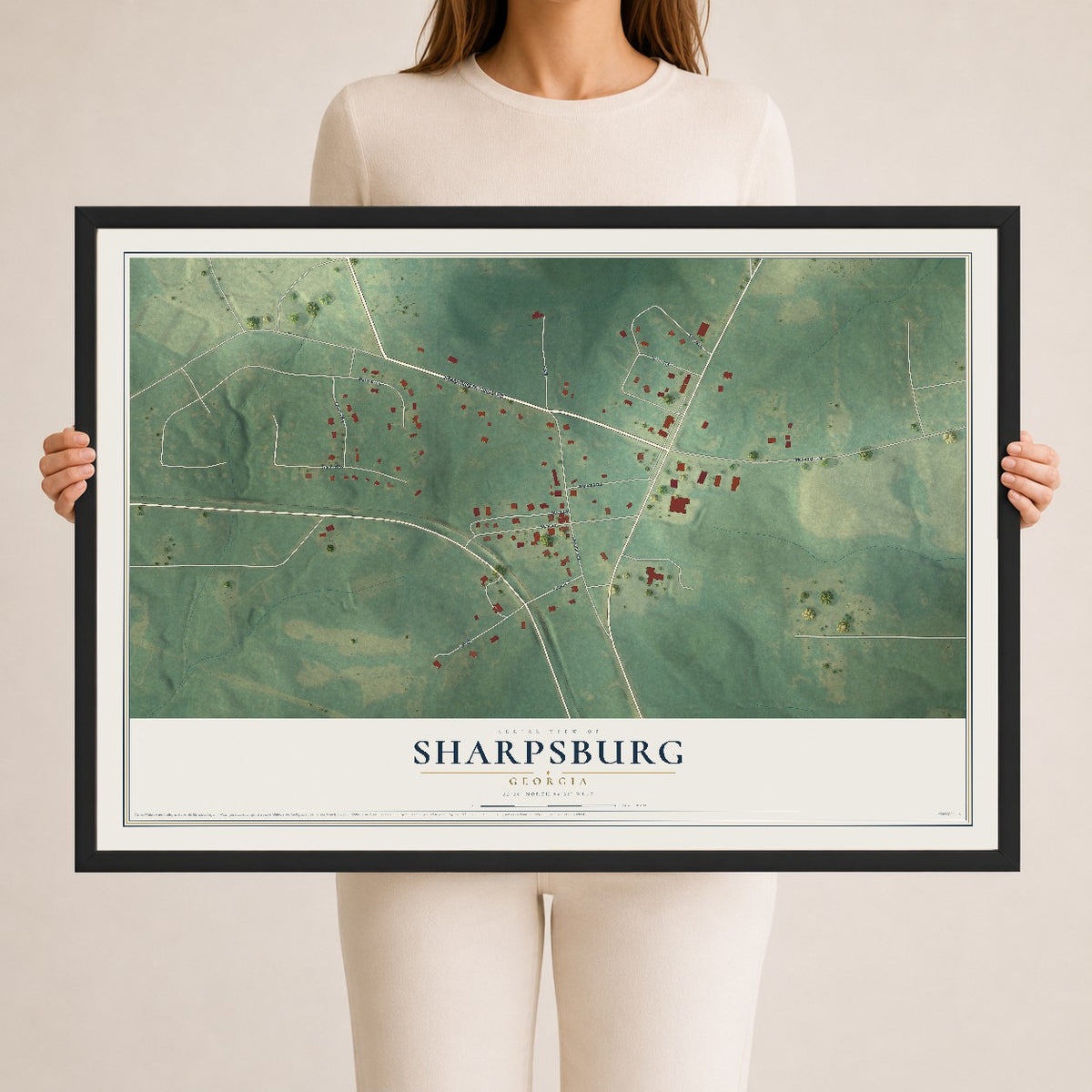 Sharpsburg, Georgia map print, 24" x 36" W/ Black Ayous Wood Frame mockup