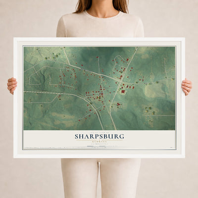 Sharpsburg, Georgia map print, 24" x 36" W/ White Ayous Wood Frame mockup