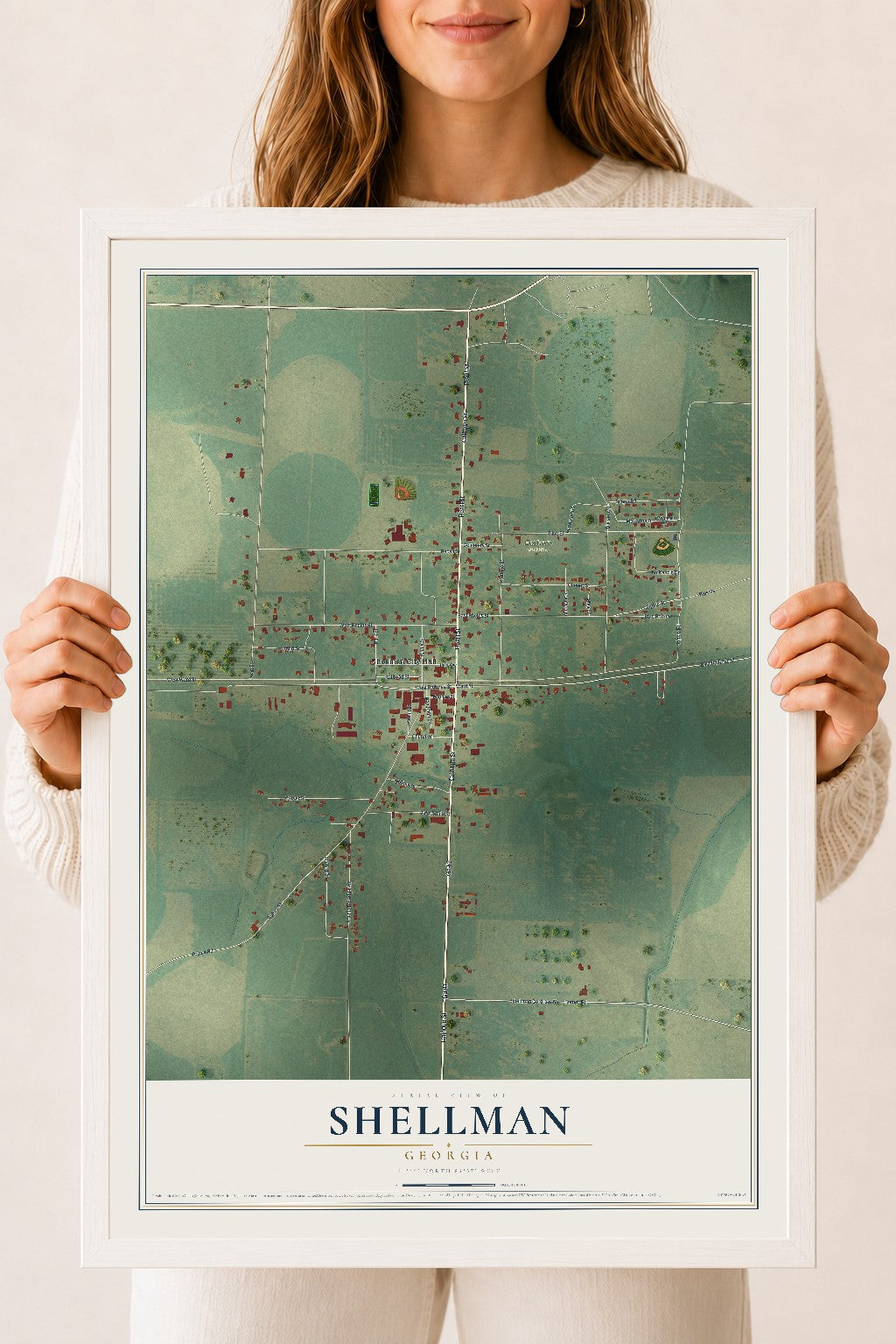 Shellman, Georgia map print, 18" x 24" W/ White Ayous Wood Frame mockup