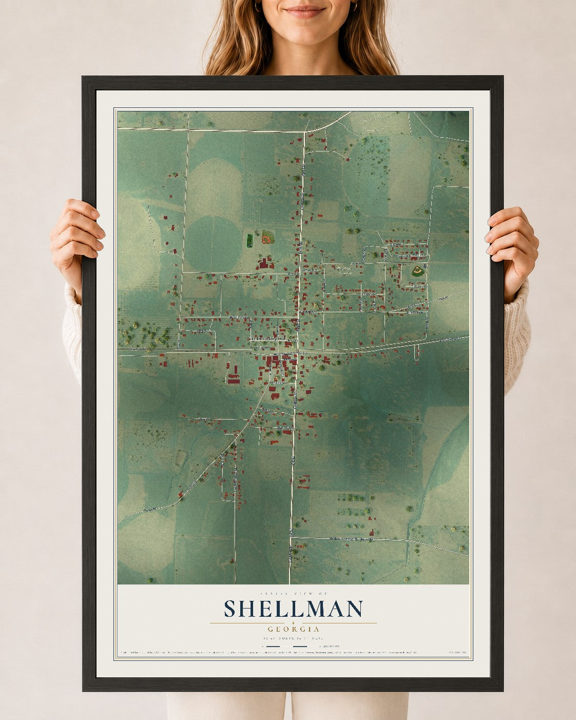 Shellman, Georgia map print, 24" x 36" W/ Black Ayous Wood Frame mockup