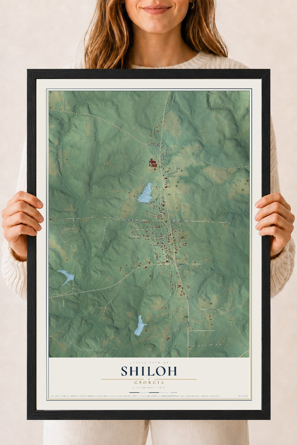 Shiloh, Georgia map print, 18" x 24" W/ Black Ayous Wood Frame mockup
