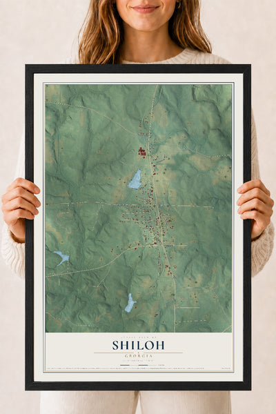 Shiloh, Georgia map print, 18" x 24" W/ Black Ayous Wood Frame mockup