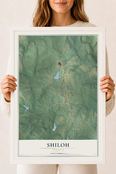 Shiloh, Georgia map print, 18" x 24" W/ White Ayous Wood Frame mockup