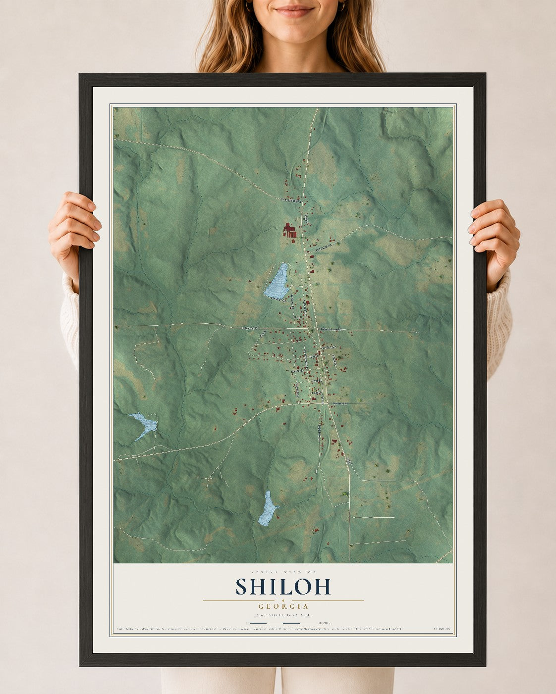 Shiloh, Georgia map print, 24" x 36" W/ Black Ayous Wood Frame mockup
