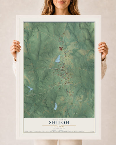 Shiloh, Georgia map print, 24" x 36" W/ White Ayous Wood Frame mockup