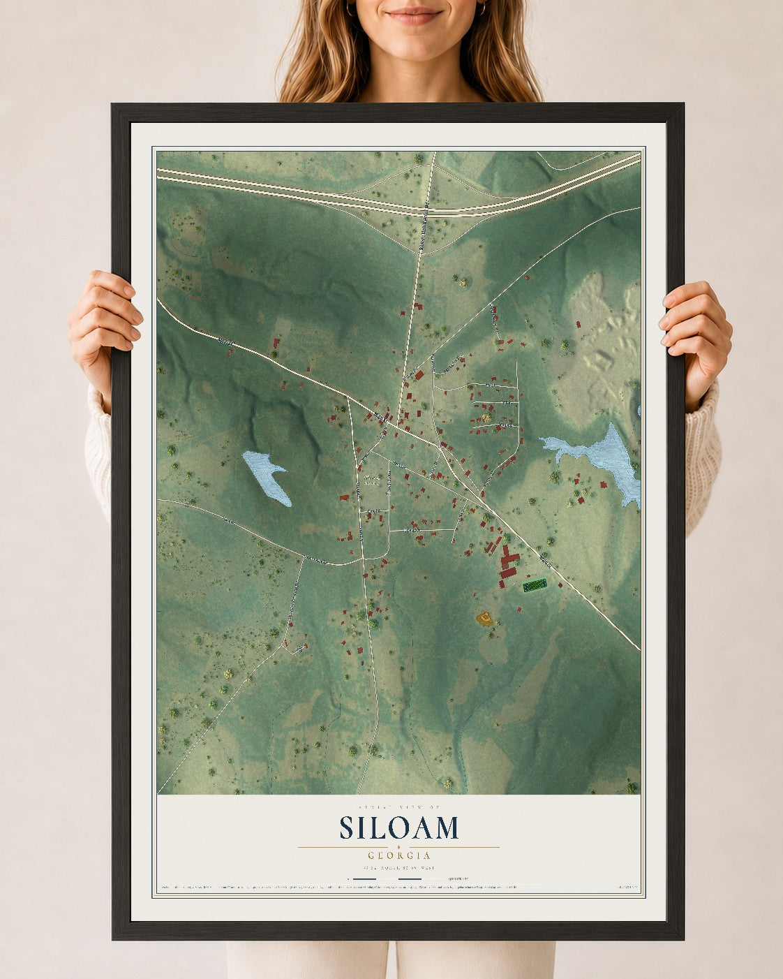 Siloam, Georgia map print, 24" x 36" W/ Black Ayous Wood Frame mockup