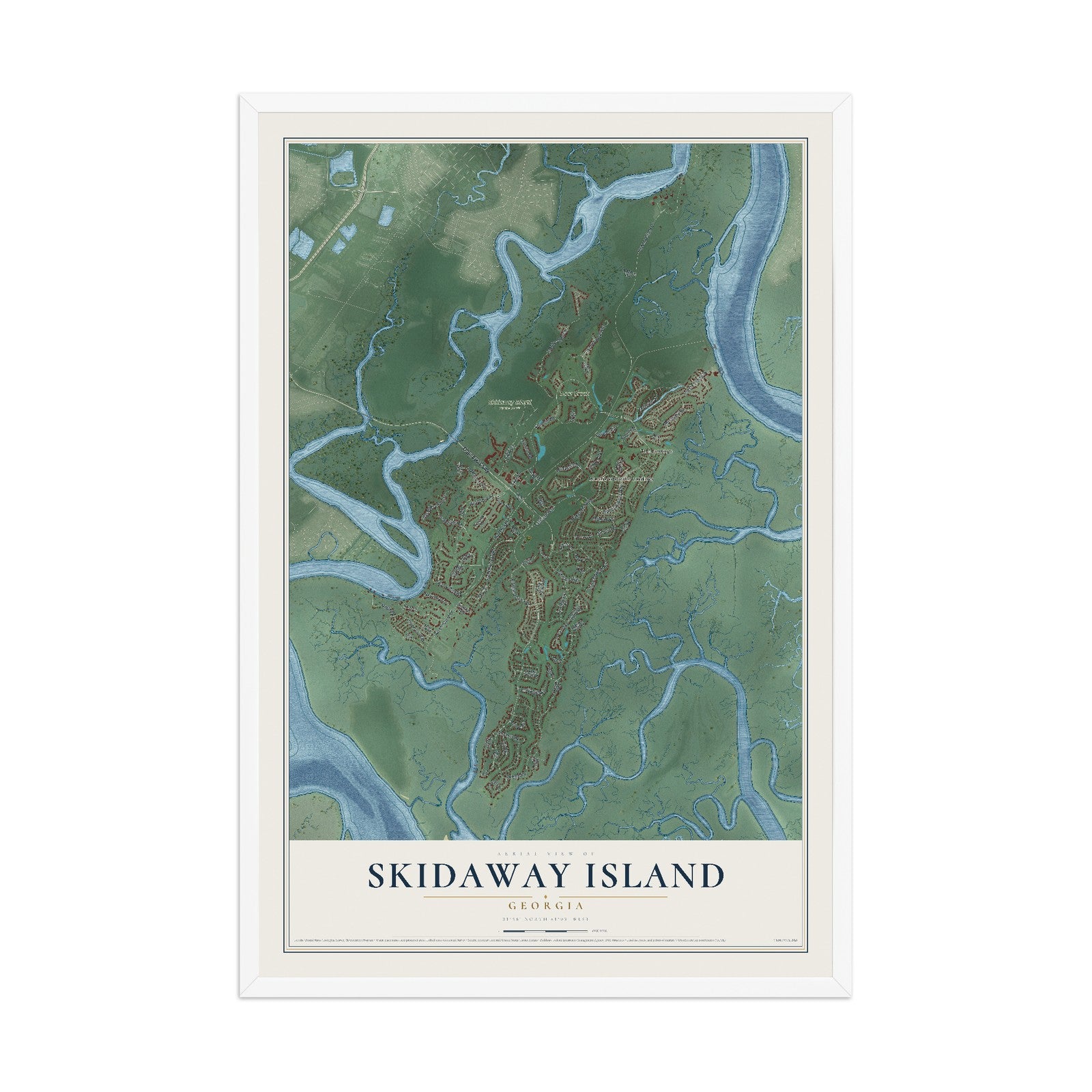 Skidaway Island, Georgia map print, 12" x 18" W/ White Ayous Wood Frame mockup