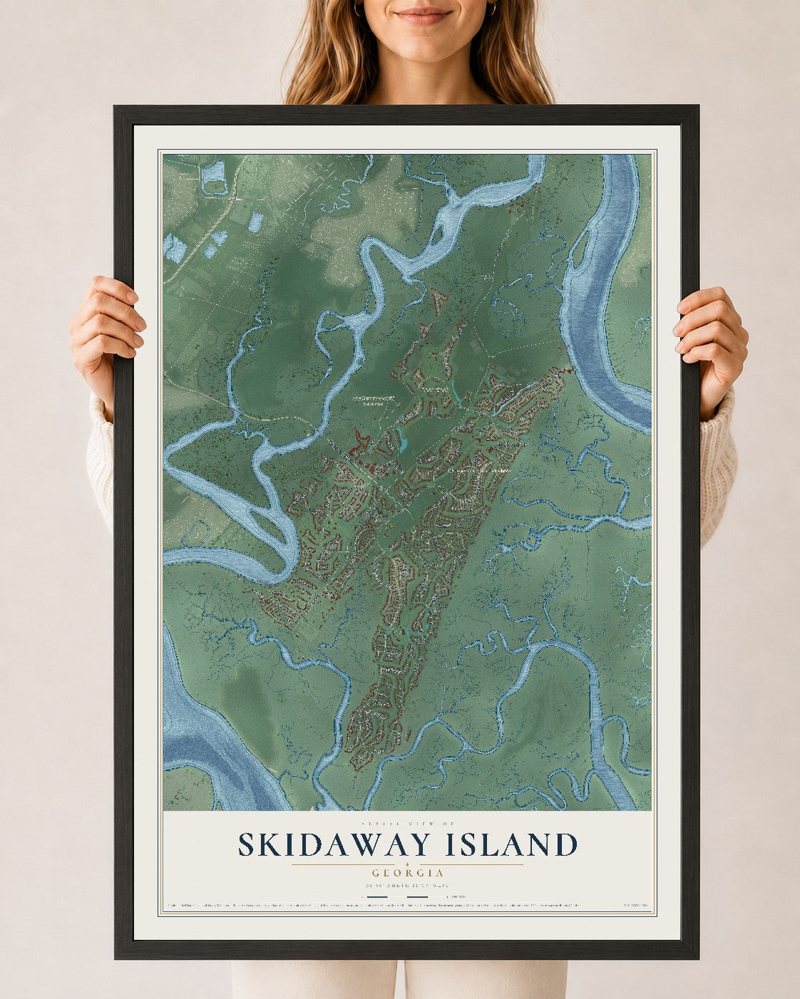 Skidaway Island, Georgia map print, 24" x 36" W/ Black Ayous Wood Frame mockup
