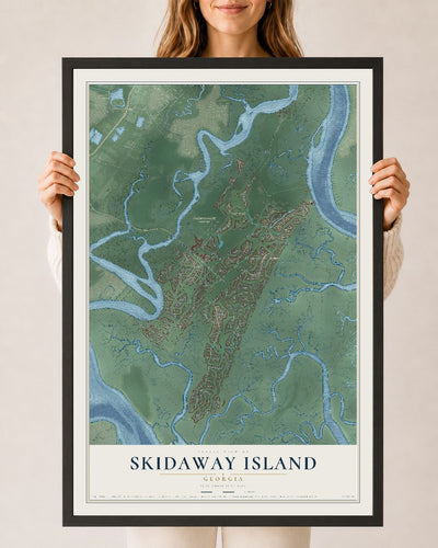 Skidaway Island, Georgia map print, 24" x 36" W/ Black Ayous Wood Frame mockup