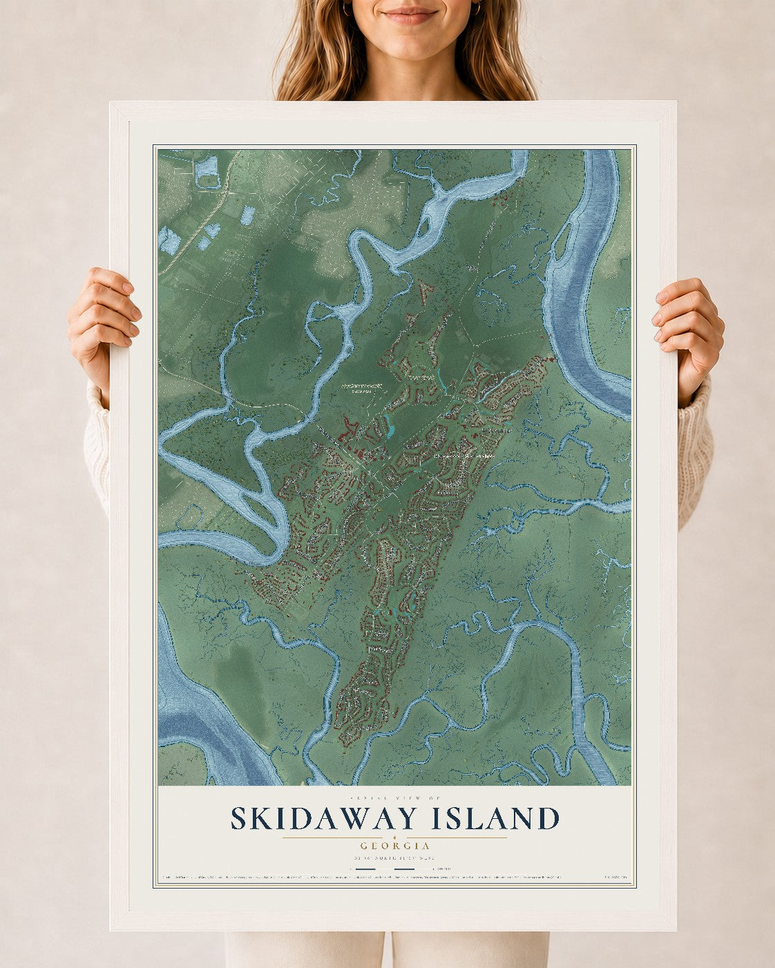 Skidaway Island, Georgia map print, 24" x 36" W/ White Ayous Wood Frame mockup
