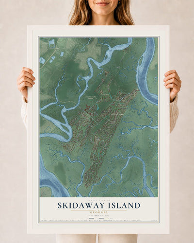 Skidaway Island, Georgia map print, 24" x 36" W/ White Ayous Wood Frame mockup